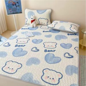 Latex Filling Cooling Mat – Soft Ice Silk Summer Bed Sheet Set with Thicken Pad & Pillowcase